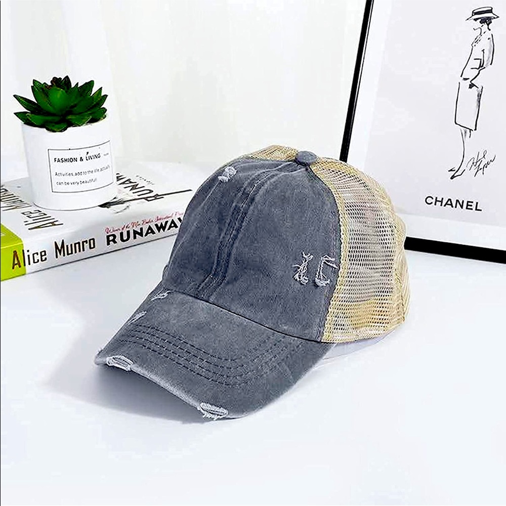 Women Distressed Baseball Hat with Ponytail-Hole